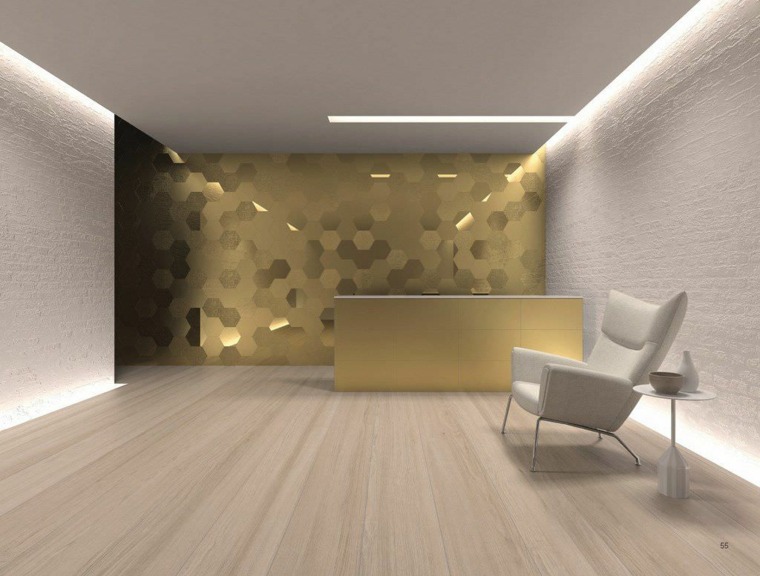 idée salon carrelage doré original effet 3D design d'intérieur