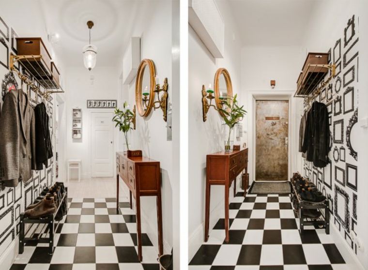 idée carrelage noir et blanc entrée couloir miroir meuble en bois 