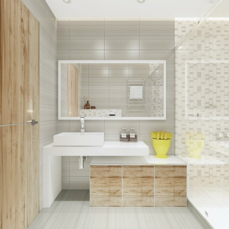 style contemporain intérieur moderne salle de bain meuble en bois carrelage gris clair design moderne