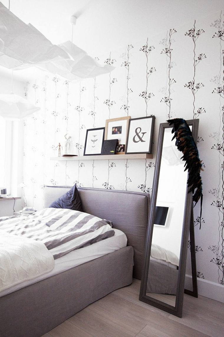 chambre à coucher noir et blanc idée design lit déco mural papier peint
