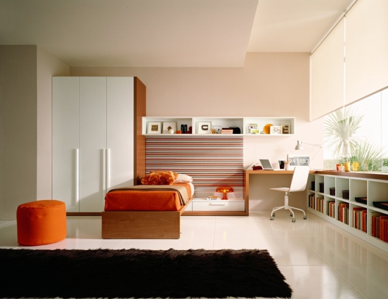 déco chambre ado idée pouf orange design tapis de sol noir moderne 