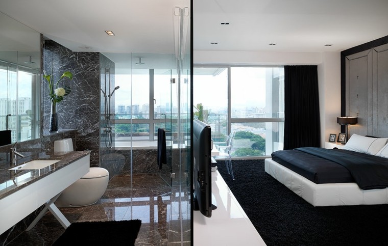 chambre salle de bain intérieur moderne noir design cabine de douche déco
