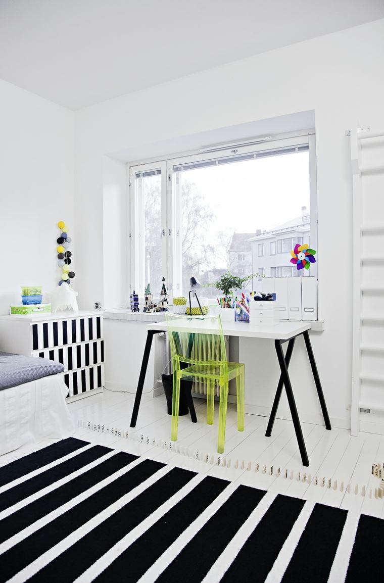 intérieur contemporain chambre enfant idée tapis de sol noir blanc moderne bureau en bois