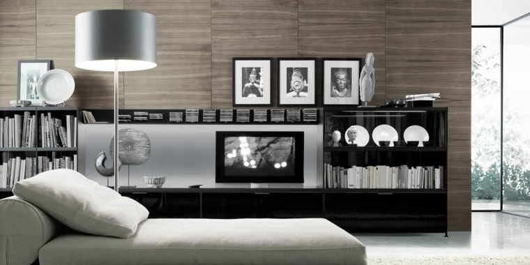déco salon noir et blanc composition photos fauteuil gris moderne lampe 