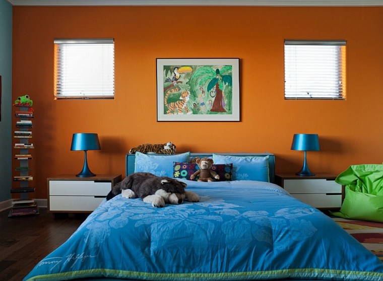 couleur tendance chambre à coucher orange bleu déco mur 