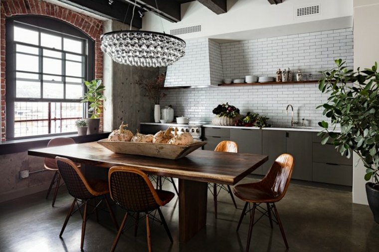 cuisine style industriel design moderne luminaire suspendu table en bois rustique 