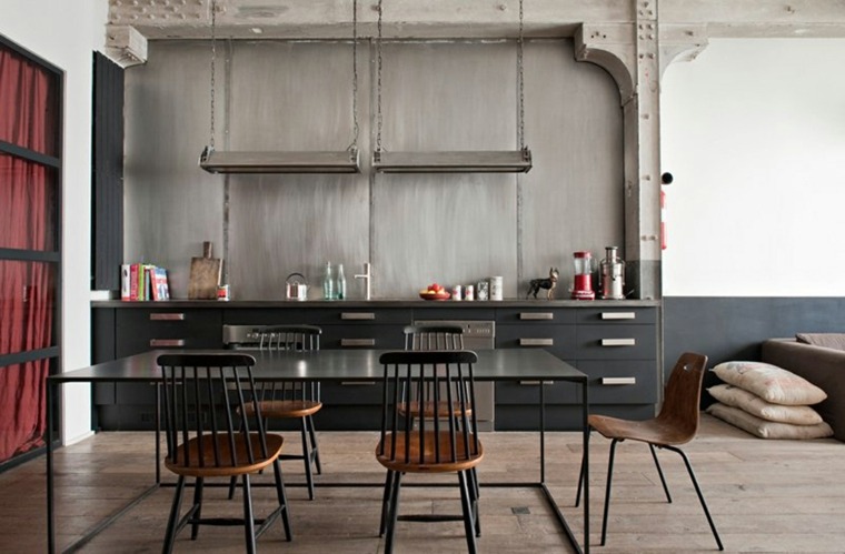 cuisine style industriel design moderne intérieur chaise en bois hotte aspirante meuble 