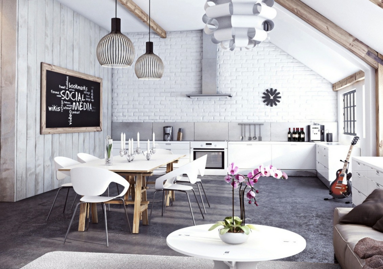 cuisine intérieur blanc design table en bois luminaire suspendu carrelage mur