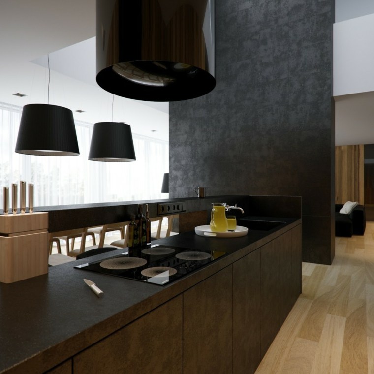 déco cuisine noire et bois grise idée ilot central noir bois design