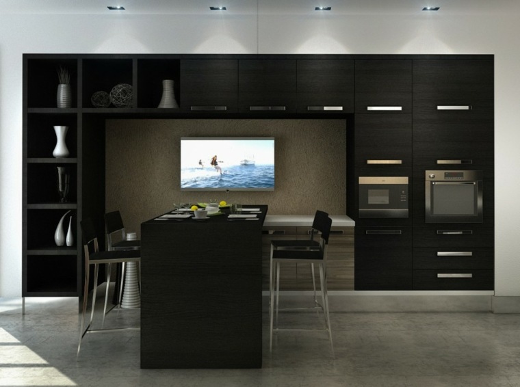 cuisine noire et bois intérieur noir moderne ilot central en bois mobilier noir 