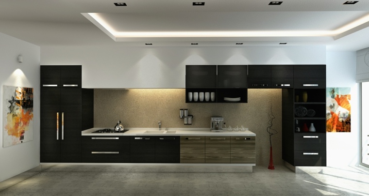 aménagement cuisine noire et bois moderne mobilier noir en bois déco mur design carrelage gris