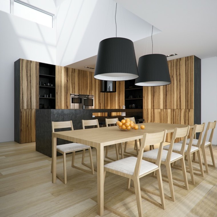 cuisine noire et bois design bois îlot central table en bois chaise moderne