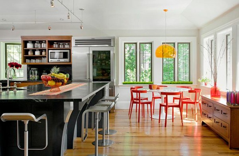 ilot central cuisine noir blanc design table à manger chaise bois rouge 