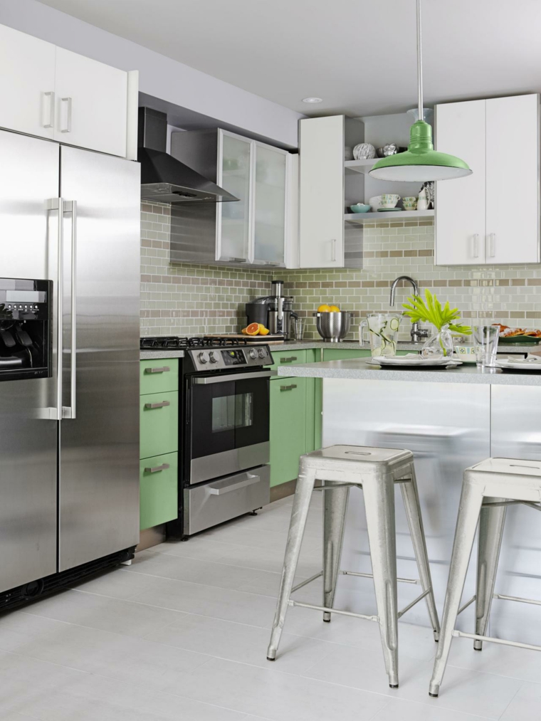 déco cuisine blanche luminaire vert suspension design frigo acier 