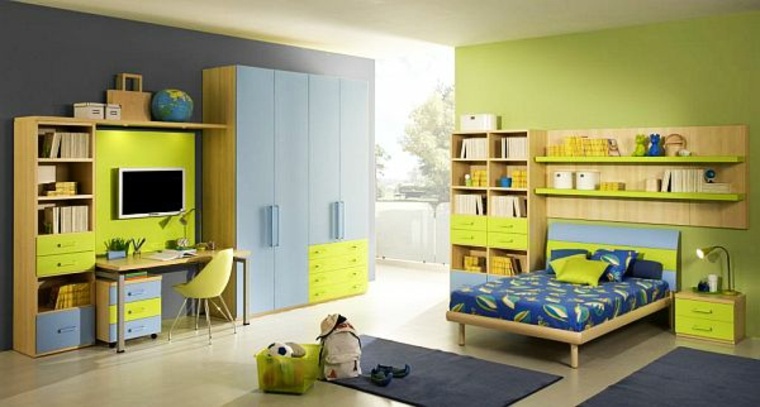 déco chambre idée vert bleu design tapis de sol bleu moderne étagères 