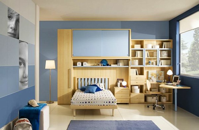 déco idée chambre ado moderne cadres mur lit étagères bois