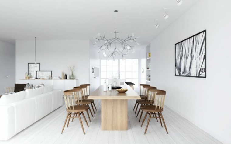 décorer appart idée salle à manger table en bois chaise en bois luminaire déco tableau mur