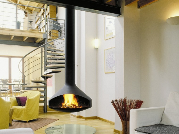aménagement salon design cheminees suspendues modernes