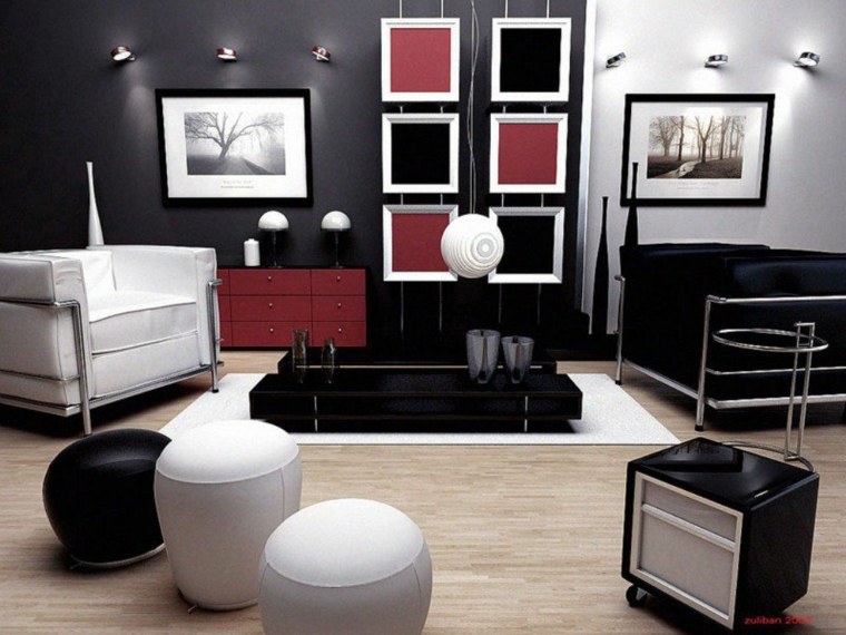 salon noir et blanc rouge design déco idée pouf blanc