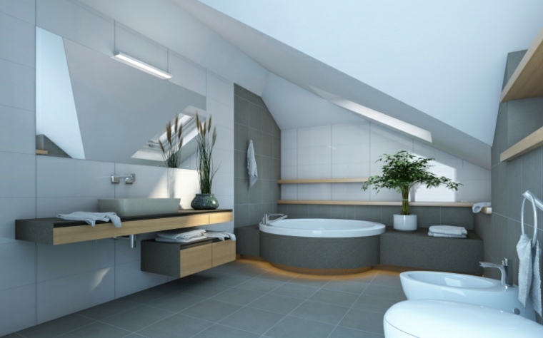 salle de bain grise idée déco baignoire grise blanche plante 