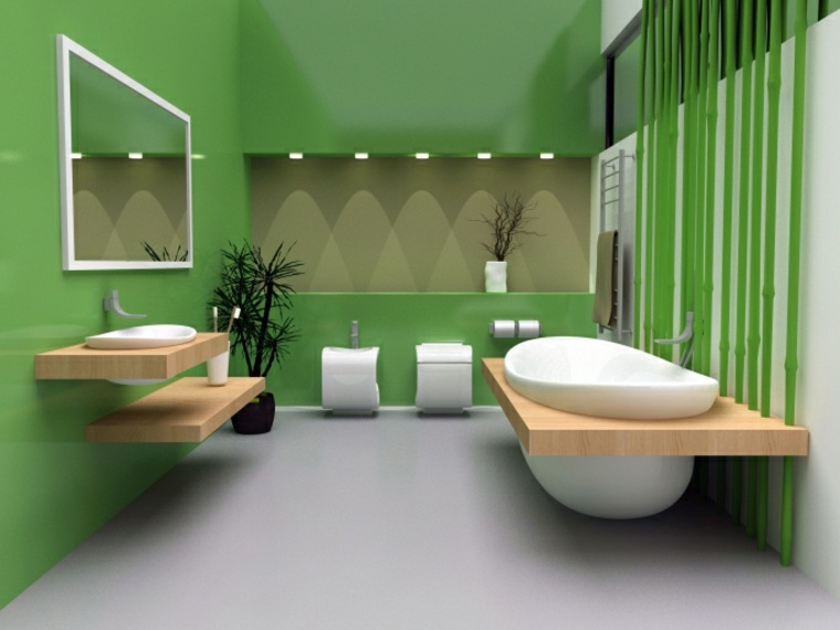 décorer salle de bain bois plante miroir cadre blanche idée déco mur vert