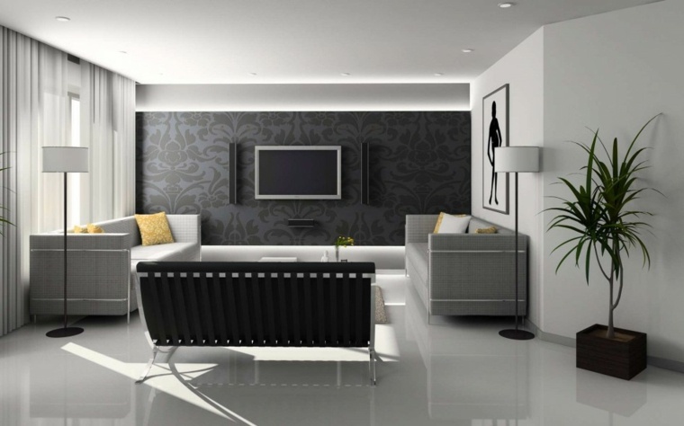 décorer salon intérieur noir gris mur papier peint idée canapé 