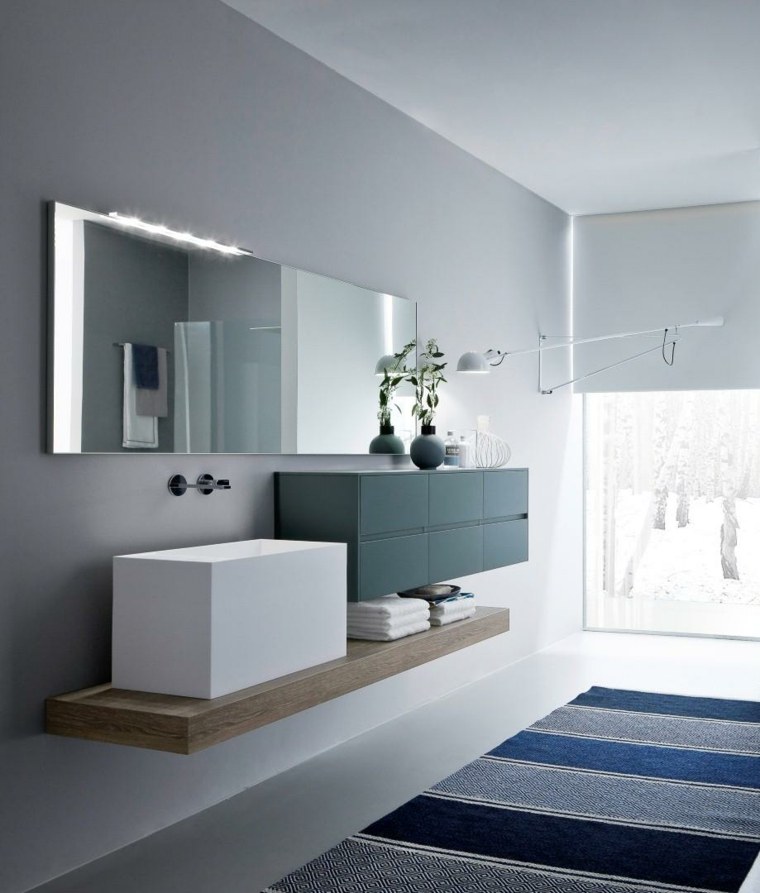 toilettes décoration idée plante tapis de sol bleu meuble blanc miroir rectangulaire 