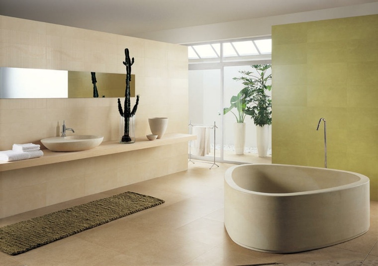 salle de bain zen idée déco baignoire beige moderne plante cactus tapis de sol kaki
