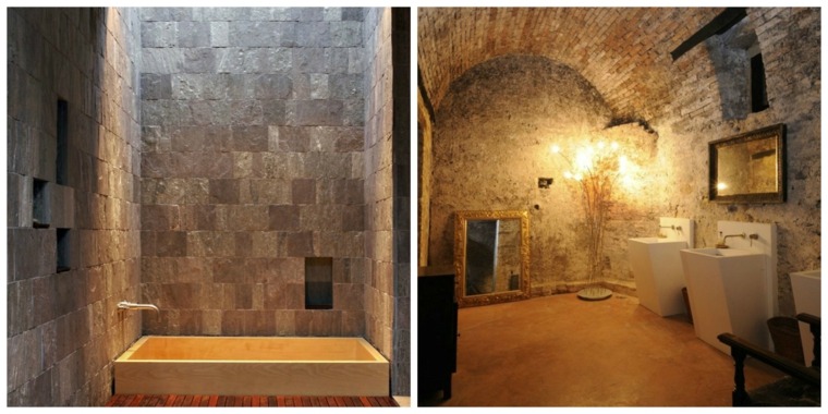 salle de bain idée pierre revêtement mural design évier bois 
