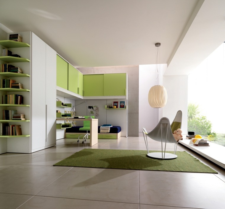 chambre enfant vert blanc moderne luminaire suspendu tapis de sol vert 