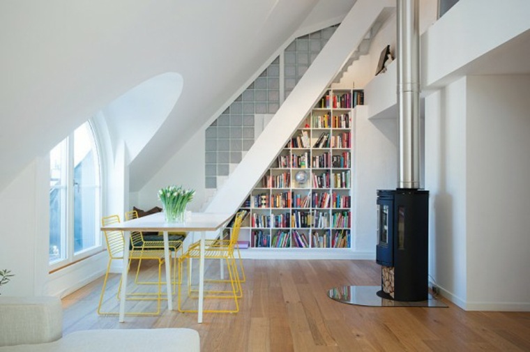 intérieur contemporain design étagère bibliothèque escalier table en bois chaise jaune
