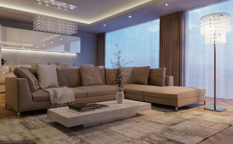 décorer salon idée canapé beige design tapis de sol table basse marbre branches fleuries 