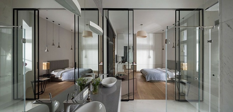 chambre avec salle de bain idée originale porte coulissante verre design