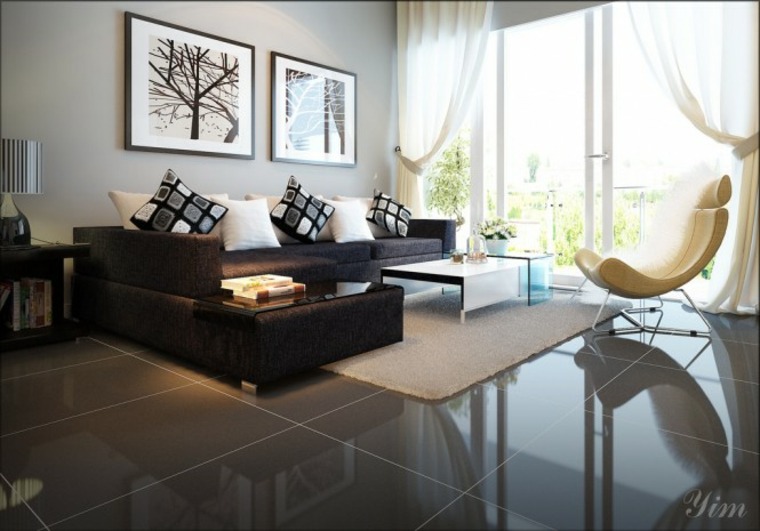 carrelage gris design grands carreaux déco mur composition tableau canapé noir coussins fauteuil blanc