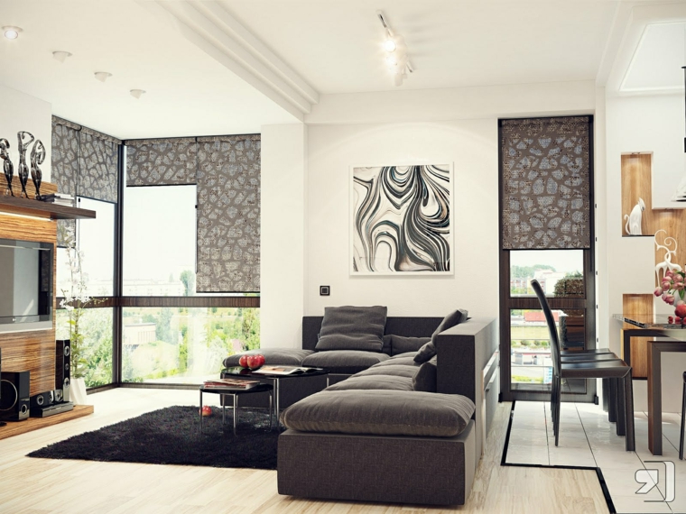 salon moderne gris noir canapé design déco mur cadre noir blanc 