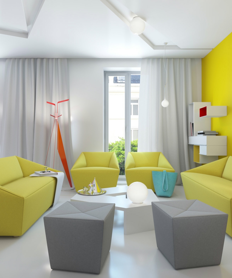 salon moderne fauteuil jaune pouf gris design intérieur moderne 