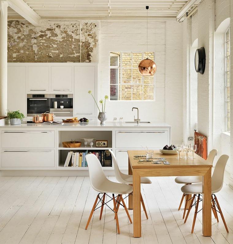 intérieur moderne cuisine style scandinave table en bois chaise blanche luminaire suspendu 