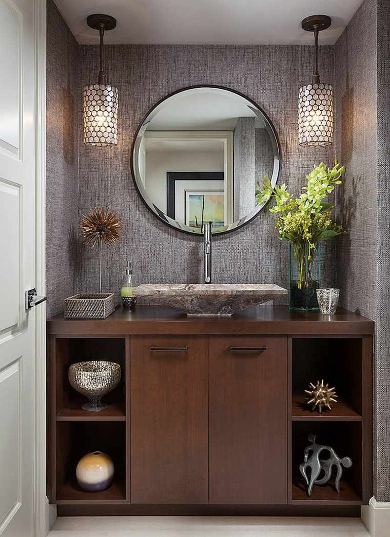 salle de bain déco pierre miroir luminaire suspendu design meuble en bois