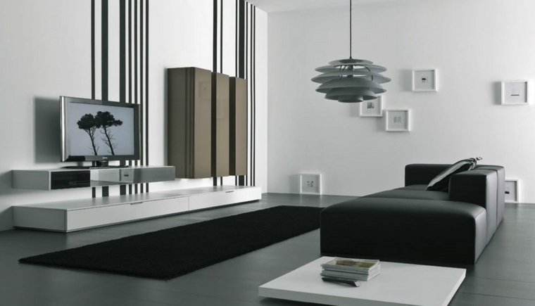 déco salon noir et blanc luminaire design moderne canapé noir table blanche basse design idée 
