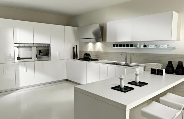 intérieur blanc cuisines blanches noir et blanc design îlot central moderne