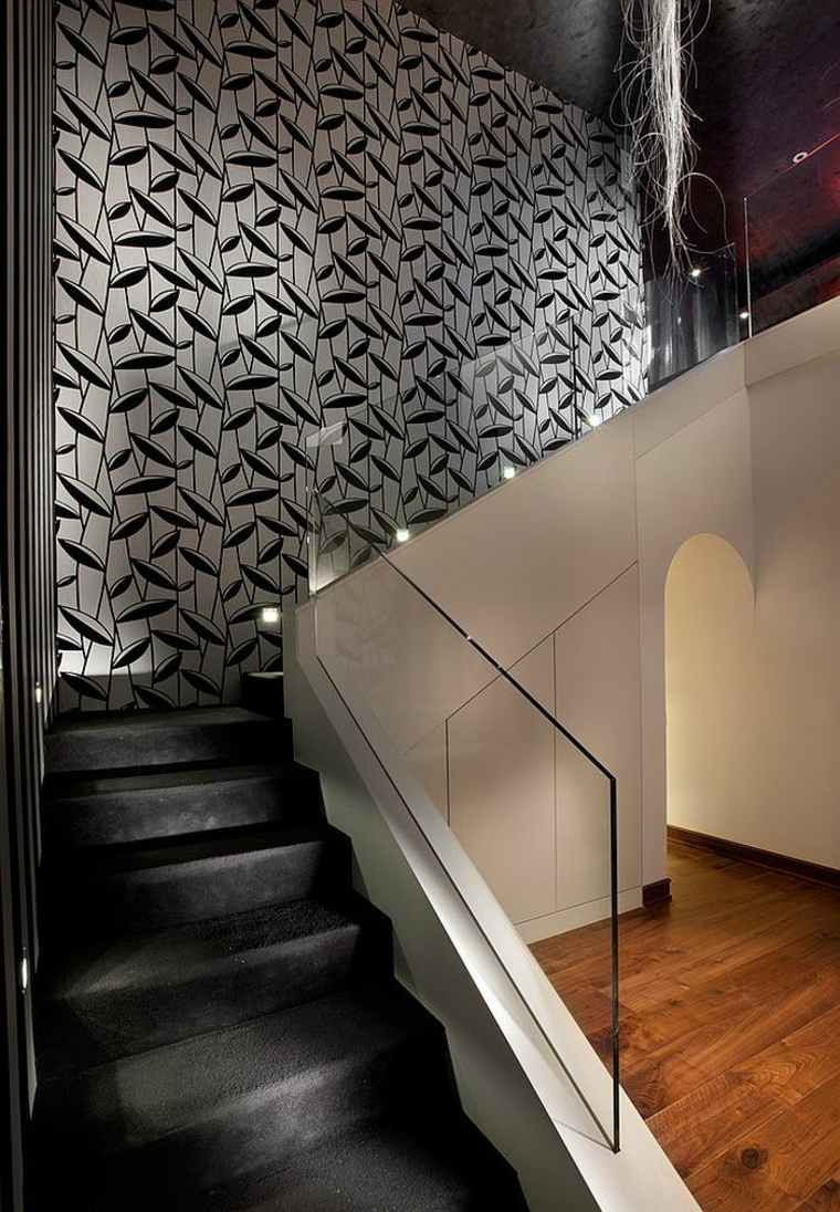 idée papier peint original noir blanc beau design escalier noir