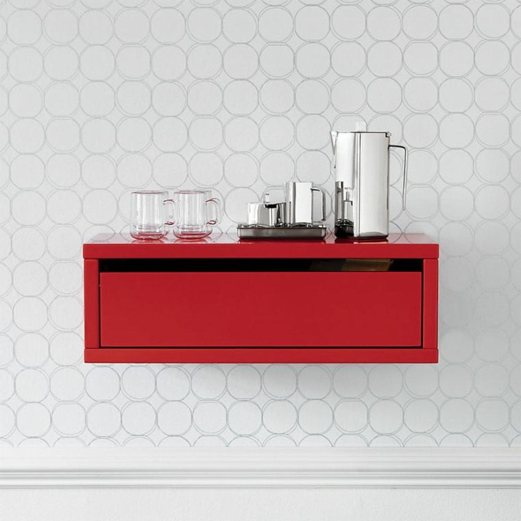 papier peint blanc géométrie entrée meuble bois rouge design