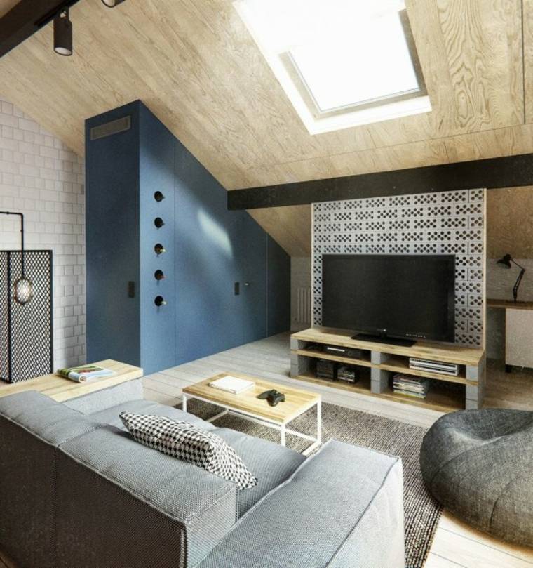 studio moderne canapé gris fauteuil bois parquet tapis de sol table basse en bois