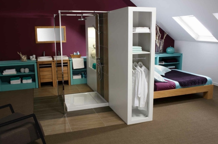 cabine douche chambre idée intégration design moderne rangements pratiques lit