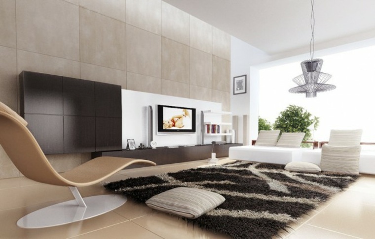 intérieur moderne idée aménagement canapé blanc tapis de sol noir coussins motif luminaire suspendu