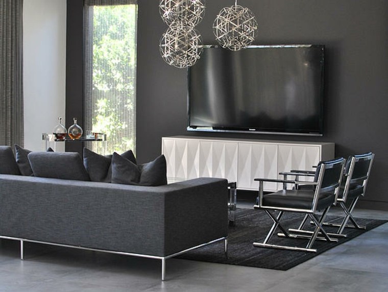 aménagement salon canapé noir design meuble chaise noire