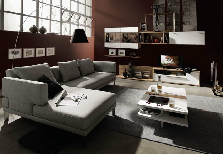 déco salon canapé gris table blanche basse design idée lampe moderne étagères