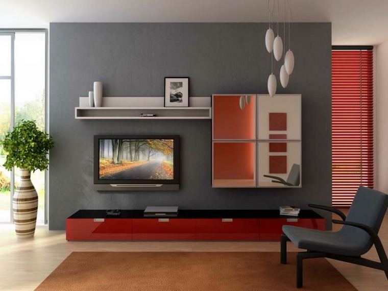 salon loderne gris aménager salon moderne design idée meuble TV miroir fauteuil gris foncé moderne luminaire suspendu