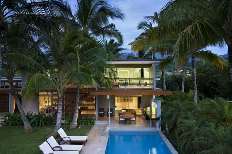 terrasse avec piscine palmiers