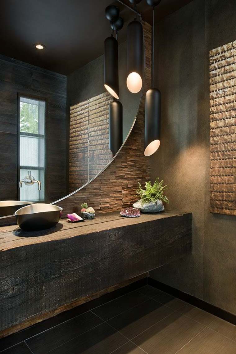 salle de bain bois moderne déco végétation luminaire suspendu